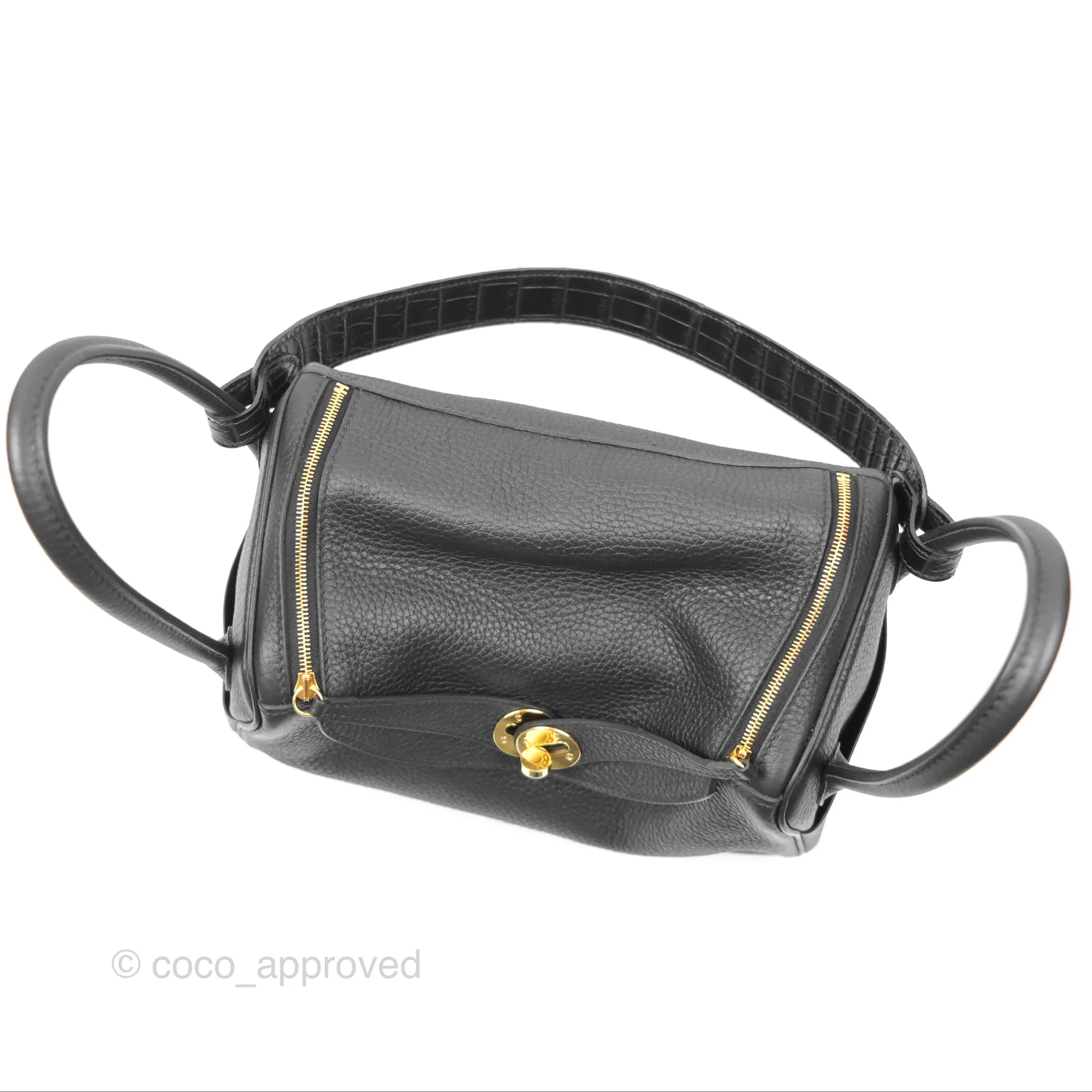 Herms Lindy 26 Touch Black Clemence Croc Handle Gold Hardware