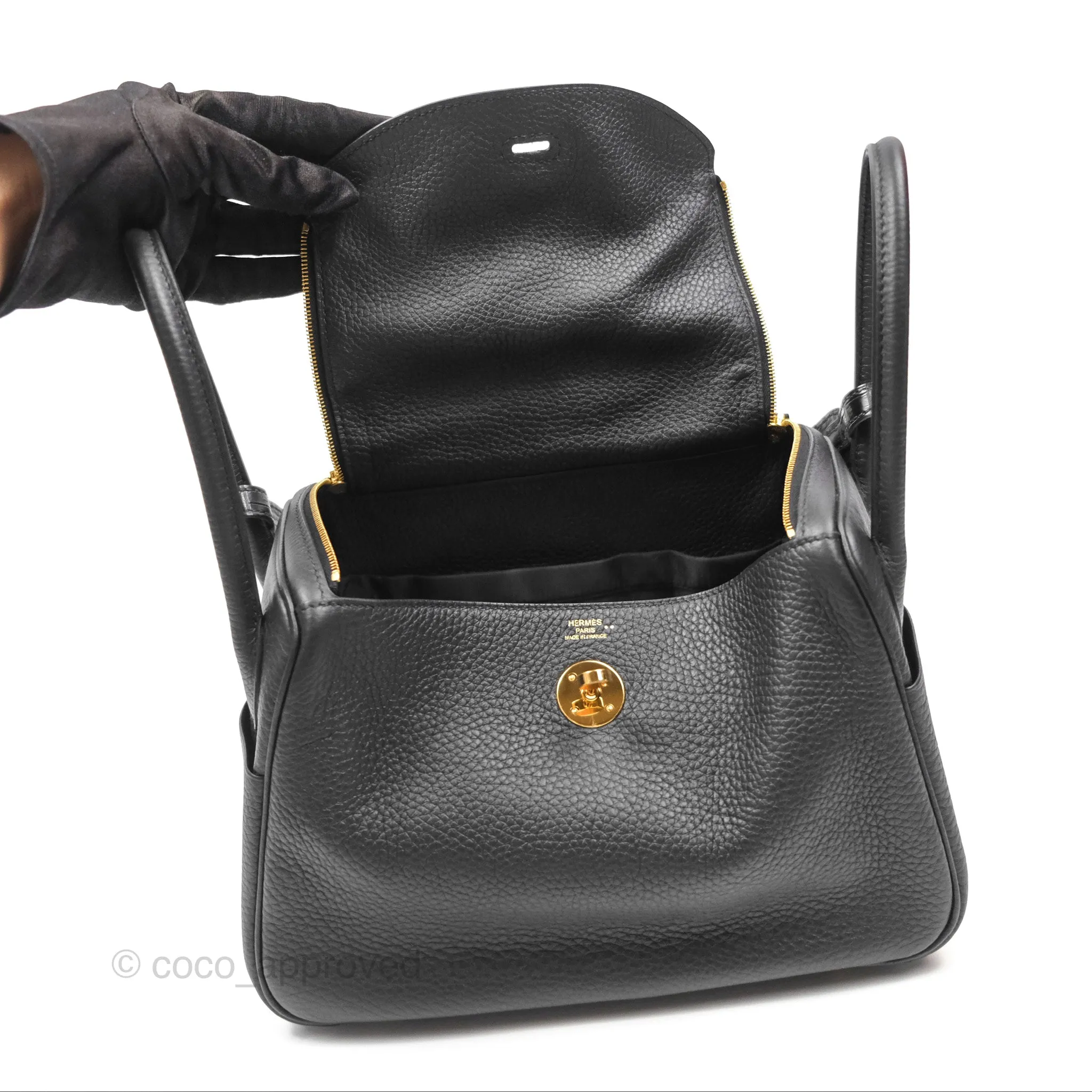 Herms Lindy 26 Touch Black Clemence Croc Handle Gold Hardware