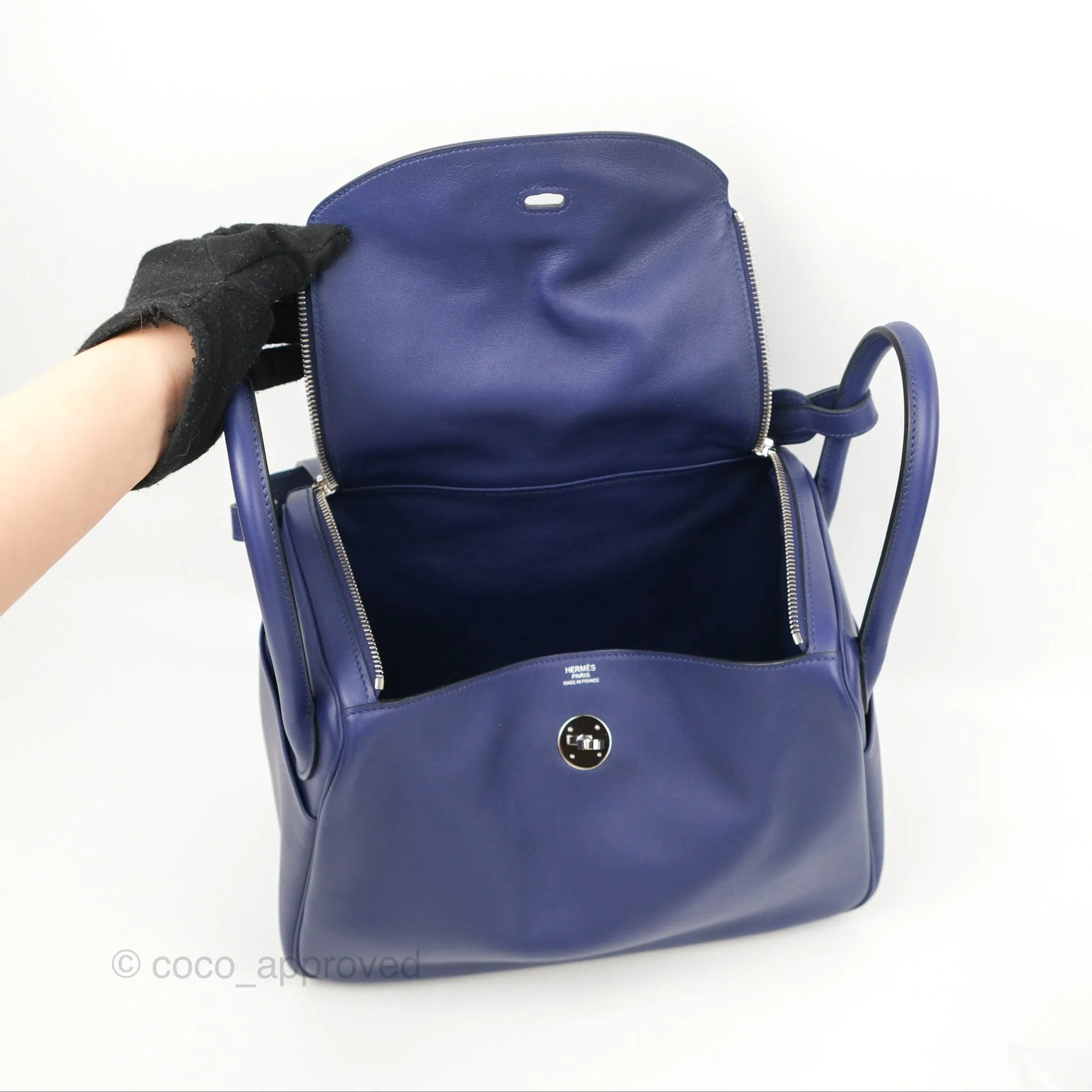 Herms Lindy Tressage De Cuir 30 Bleu Encre/Brique/Black Swift Palladium Hardware