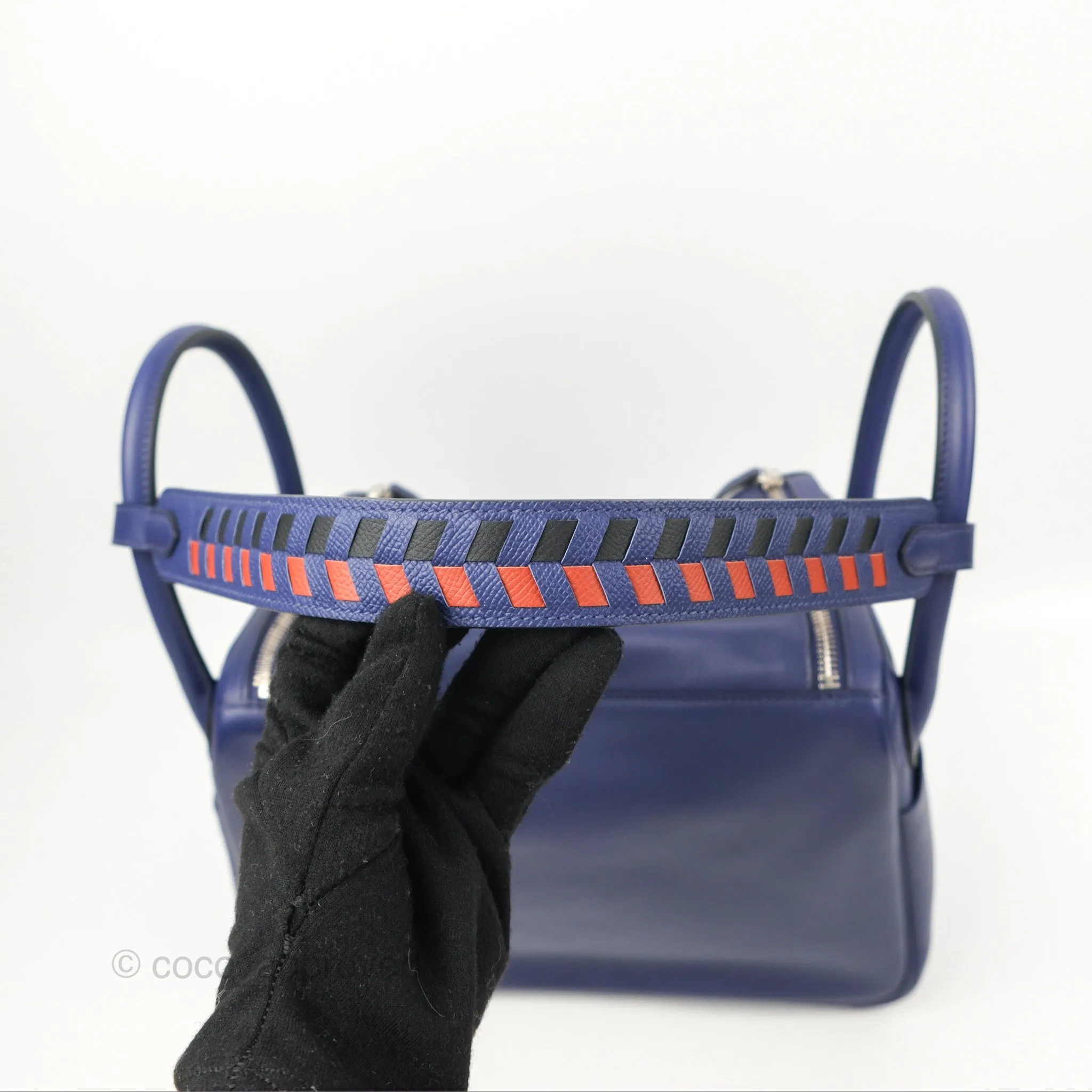 Herms Lindy Tressage De Cuir 30 Bleu Encre/Brique/Black Swift Palladium Hardware