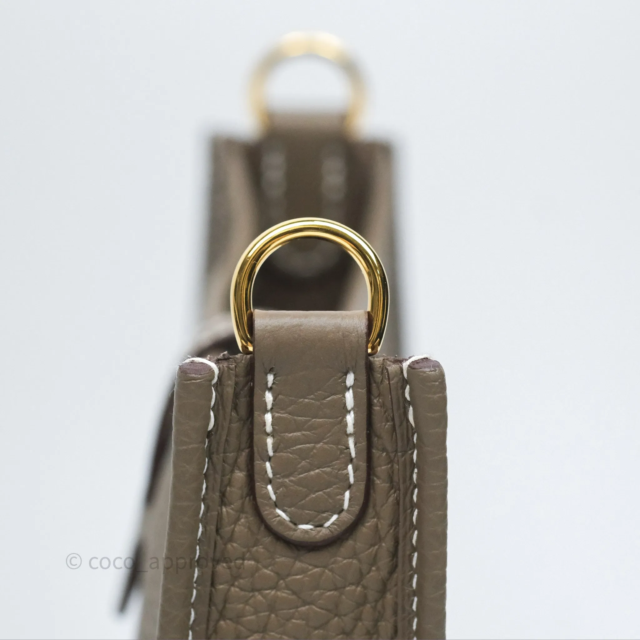 Herms Mini Evelyne 16 Etoupe 18 Clemence Gold Hardware with Bleu Indigo Strap