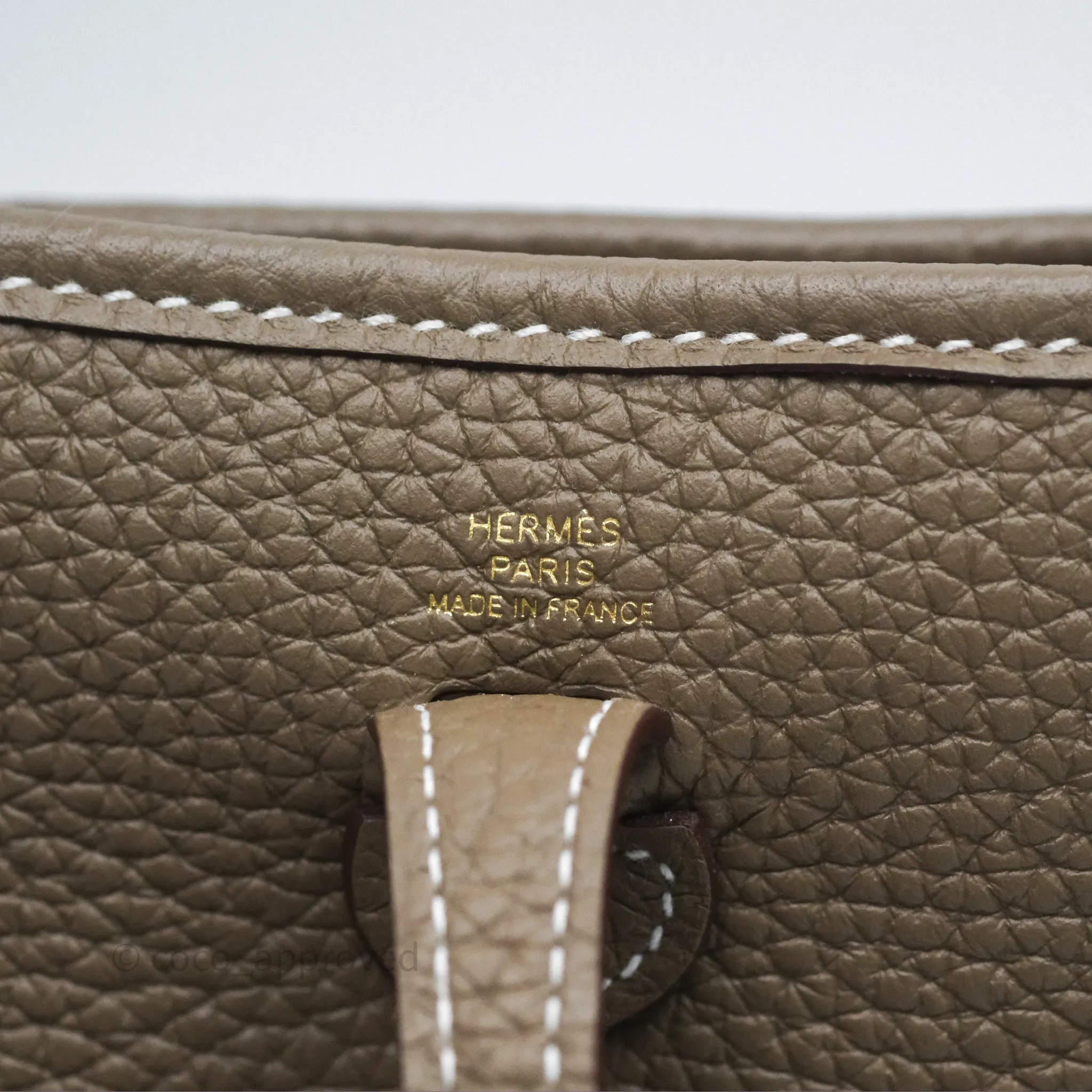 Herms Mini Evelyne 16 Etoupe 18 Clemence Gold Hardware with Bleu Indigo Strap