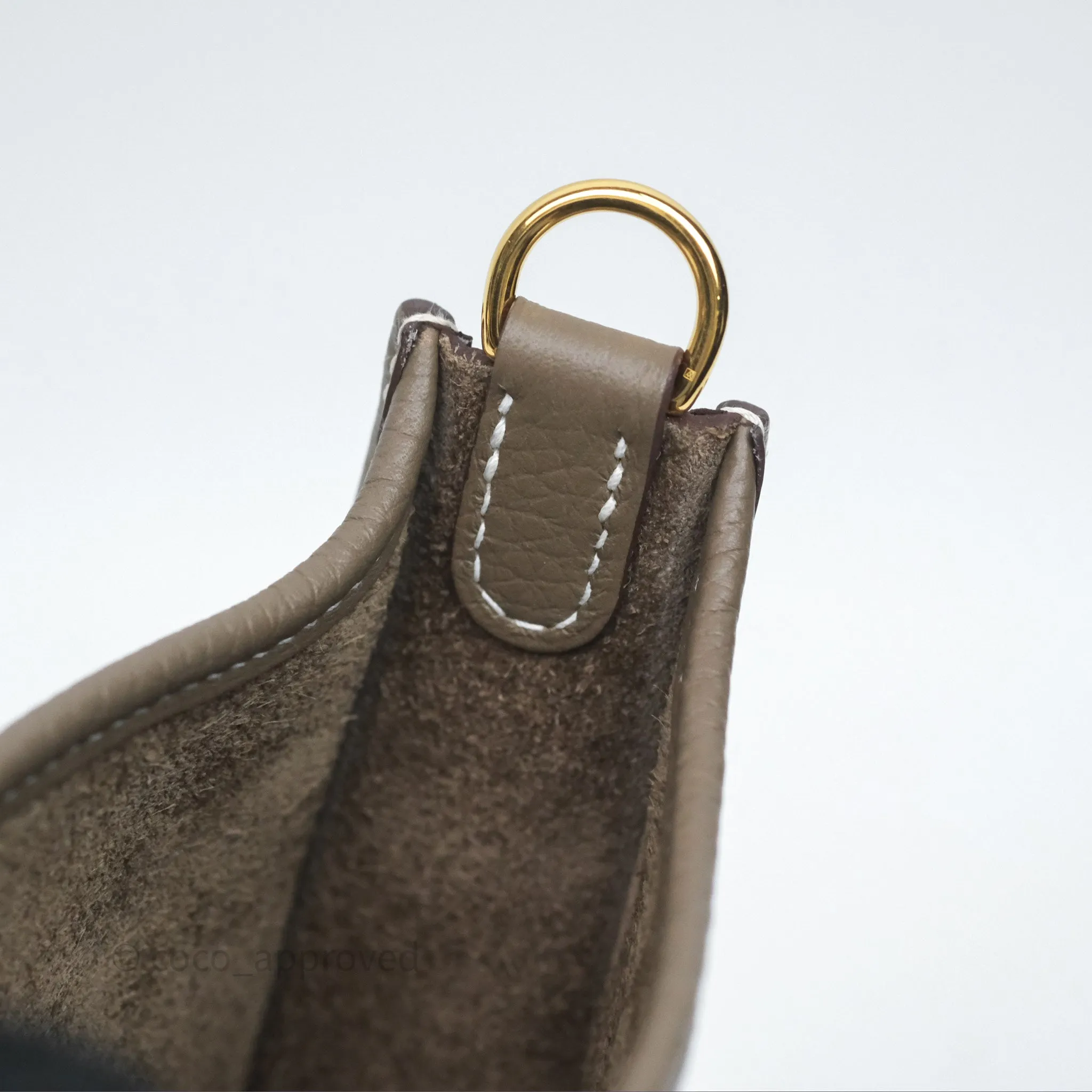 Herms Mini Evelyne 16 Etoupe 18 Clemence Gold Hardware with Bleu Indigo Strap