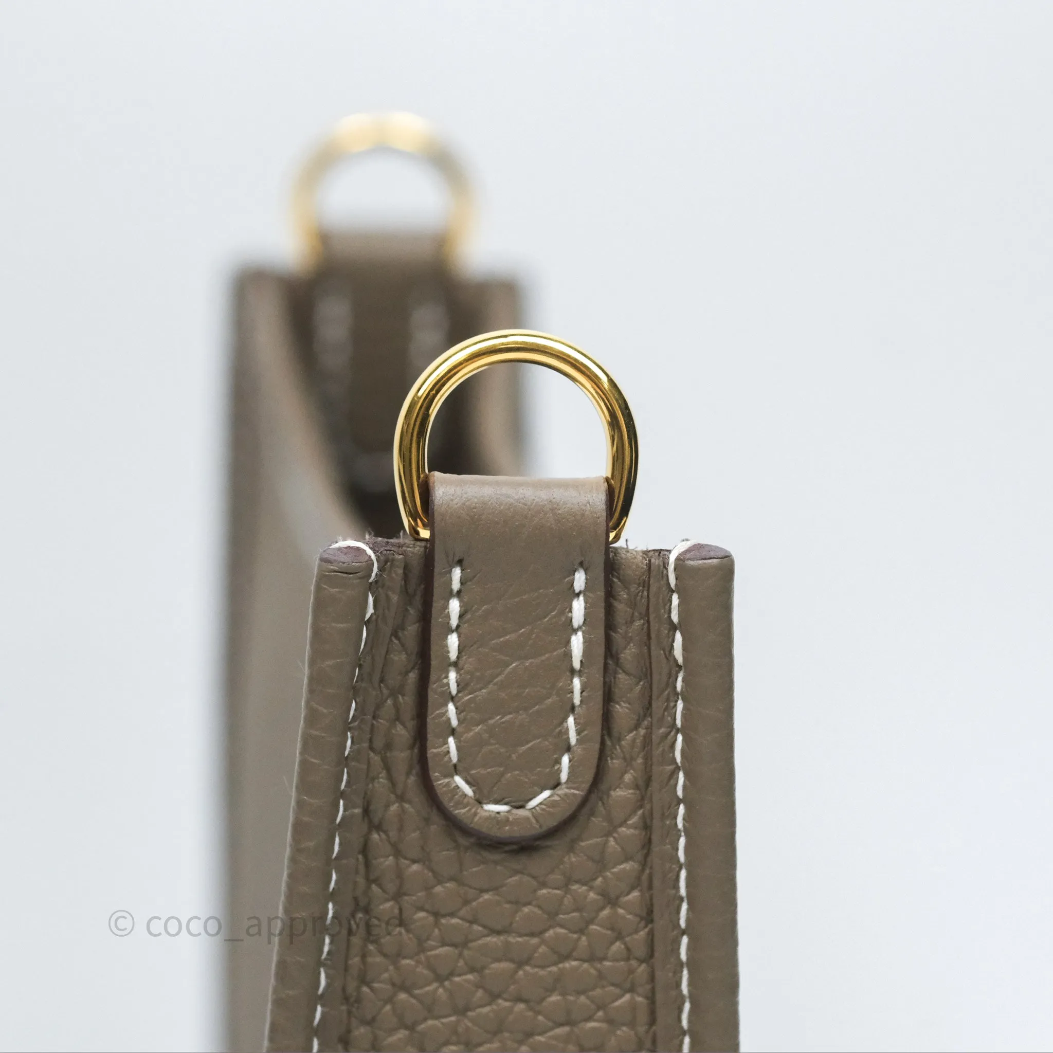 Herms Mini Evelyne 16 Etoupe 18 Clemence Gold Hardware with Bleu Indigo Strap