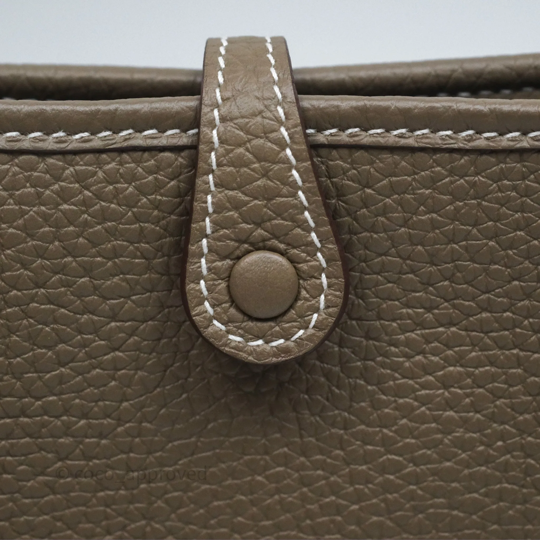 Herms Mini Evelyne 16 Etoupe 18 Clemence Gold Hardware with Bleu Indigo Strap