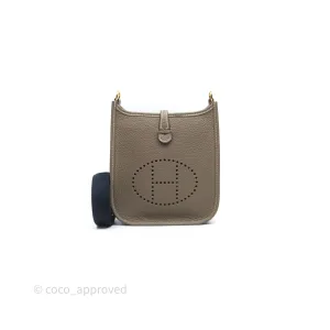 Herms Mini Evelyne 16 Etoupe 18 Clemence Gold Hardware with Bleu Indigo Strap