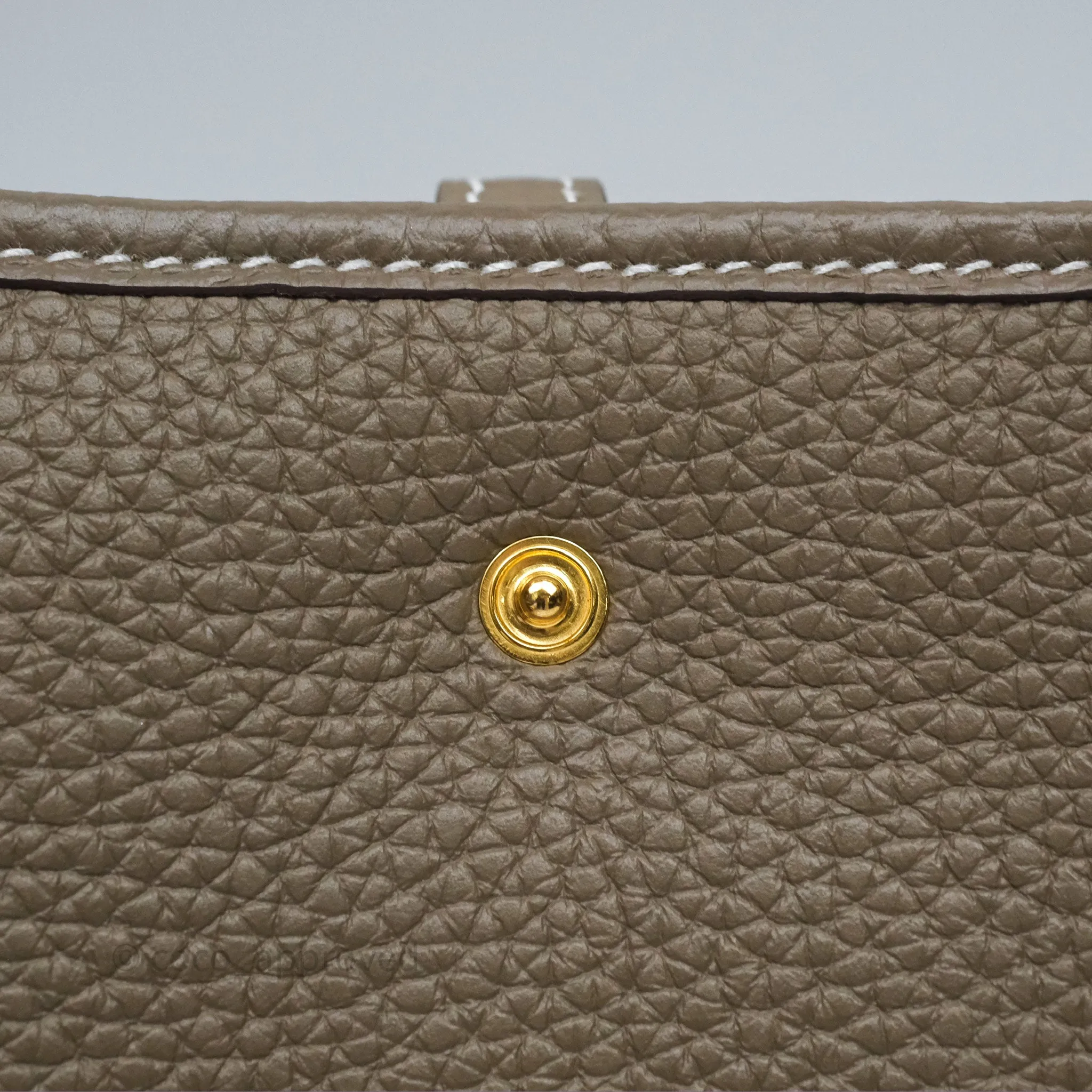 Herms Mini Evelyne 16 Etoupe 18 Clemence Gold Hardware with Bleu Indigo Strap