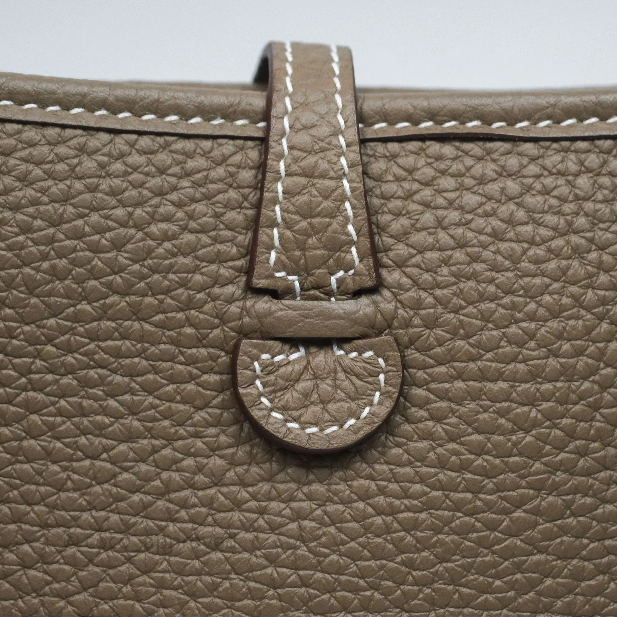 Herms Mini Evelyne 16 Etoupe 18 Clemence Gold Hardware with Bleu Indigo Strap