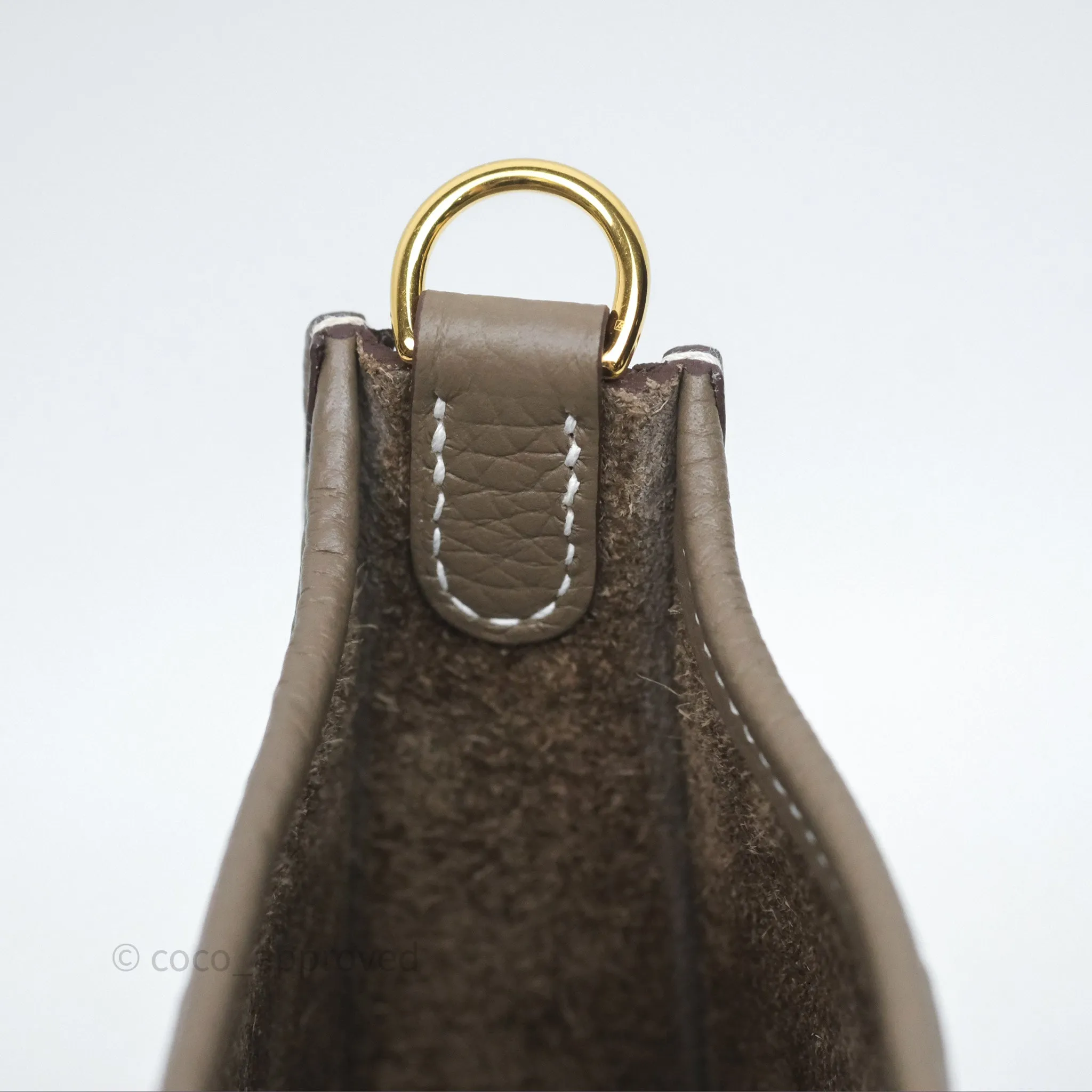 Herms Mini Evelyne 16 Etoupe 18 Clemence Gold Hardware with Bleu Indigo Strap