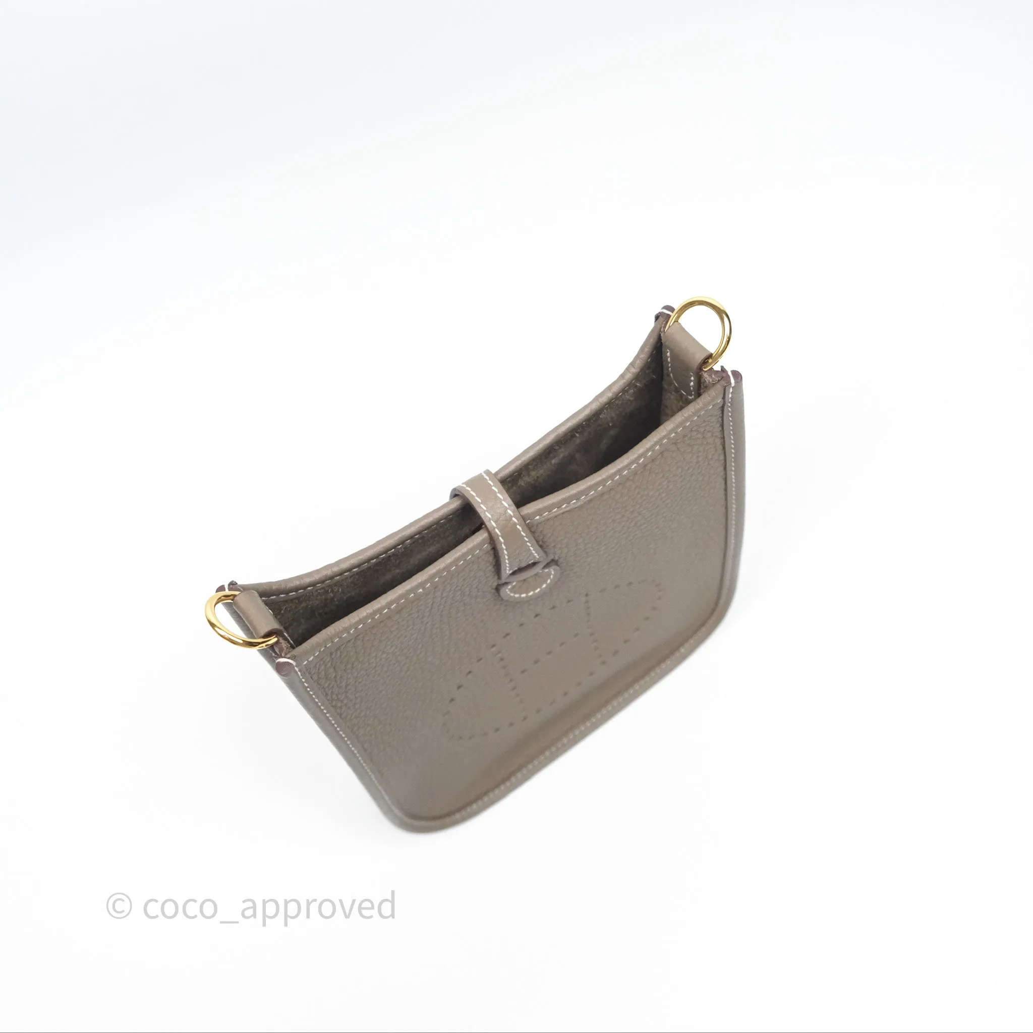 Herms Mini Evelyne 16 Etoupe 18 Clemence Gold Hardware with Bleu Indigo Strap