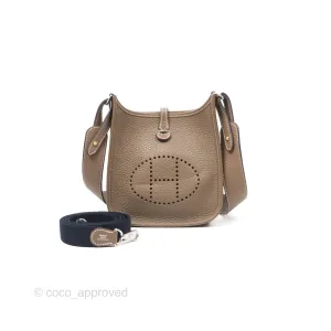 Herms Mini Evelyne 16 Etoupe 18 Clemence Palladium Hardware with Bleu Indigo Strap