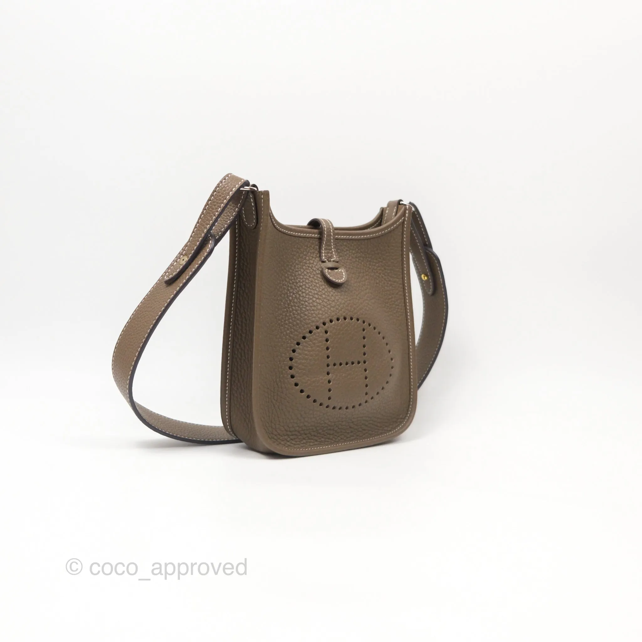 Herms Mini Evelyne 16 Etoupe 18 Clemence Palladium Hardware with Bleu Indigo Strap