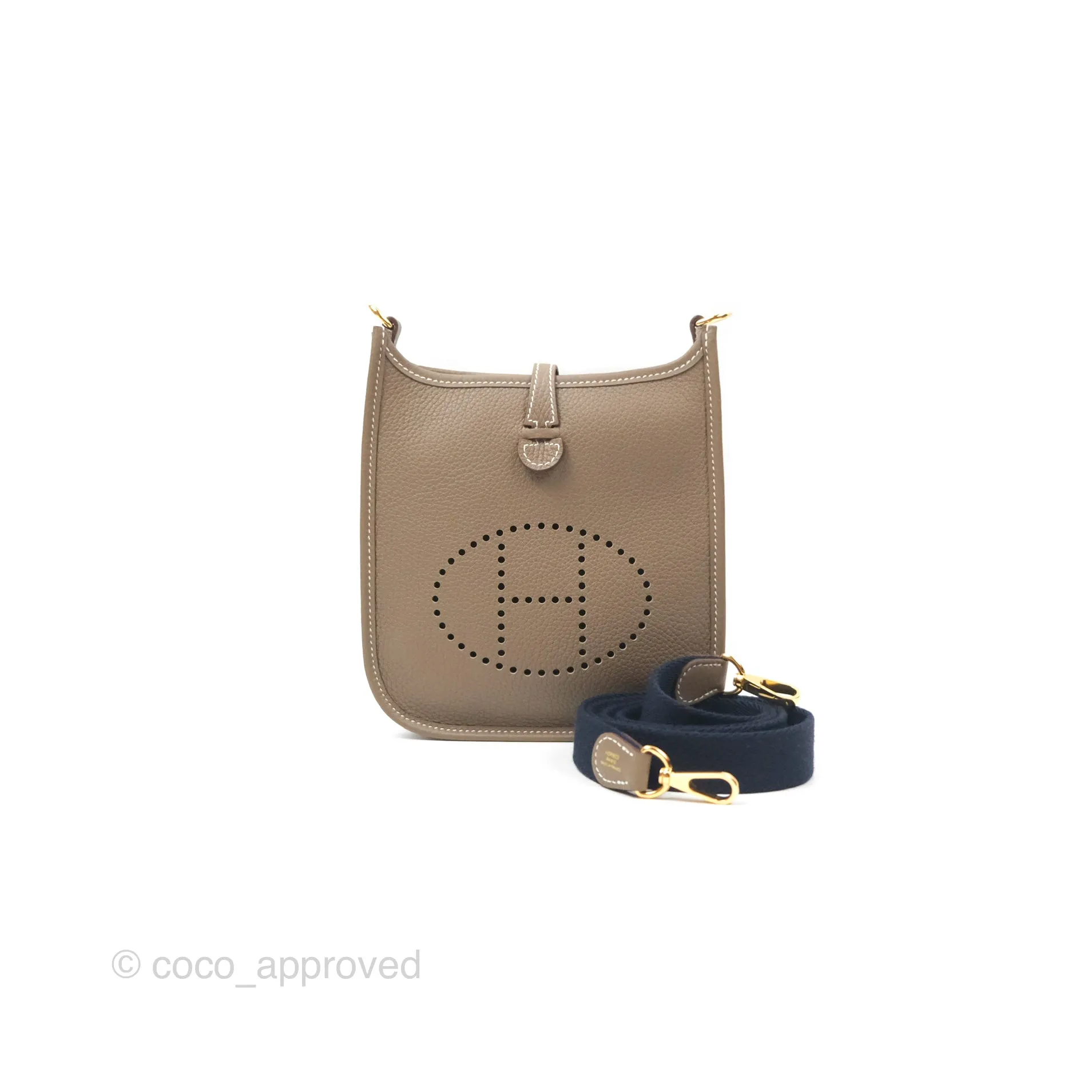 Herms Mini Evelyne Etoupe Clemence Gold Hardware with Bleu Indigo Strap