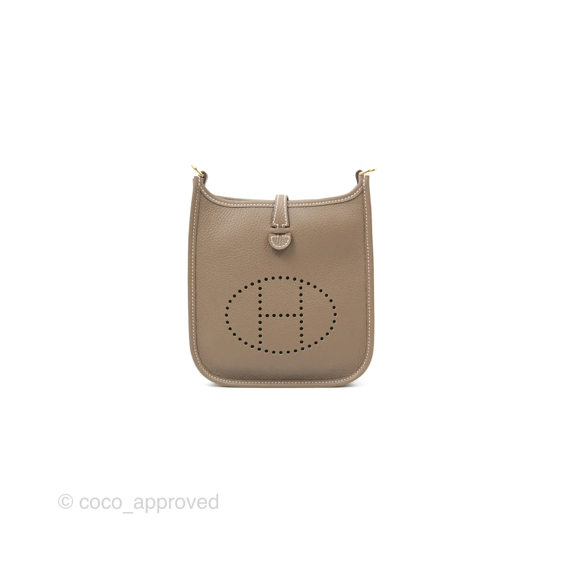 Herms Mini Evelyne Etoupe Clemence Gold Hardware with Bleu Indigo Strap