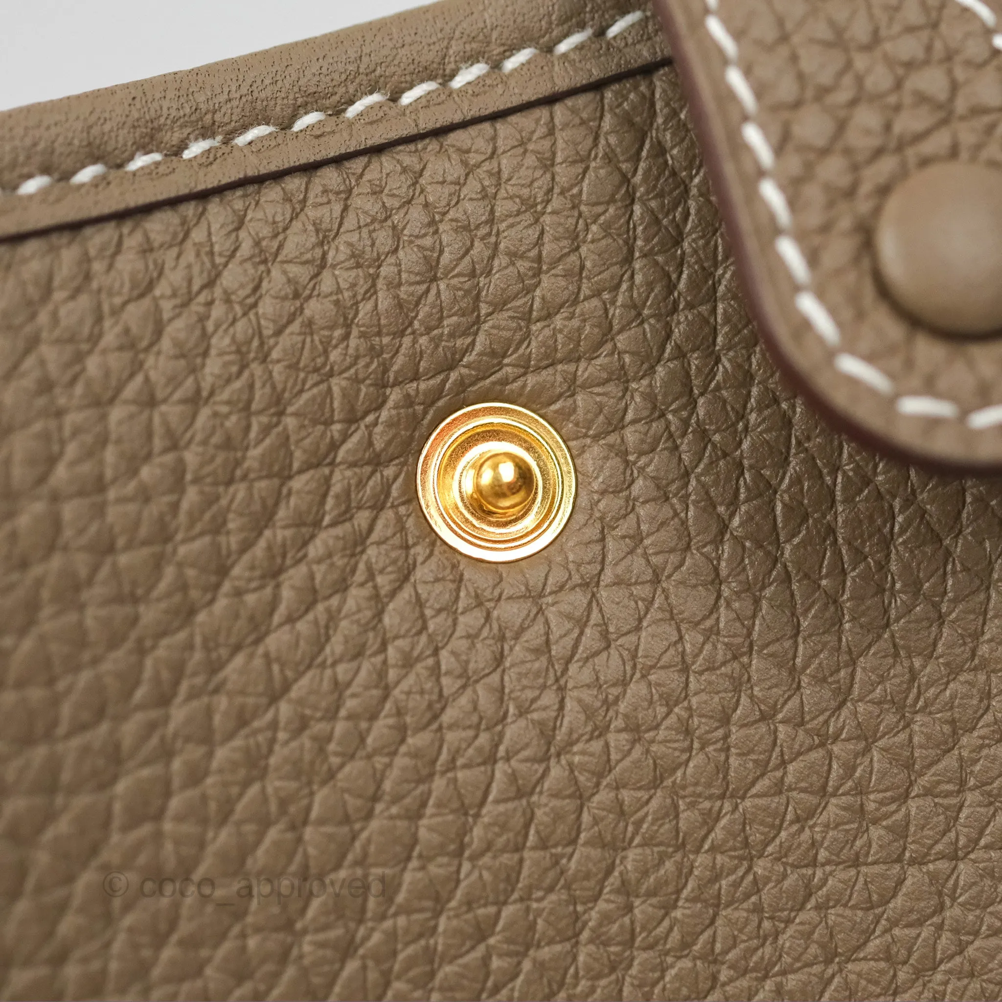 Herms Mini Evelyne Etoupe Clemence Gold Hardware with Bleu Indigo Strap