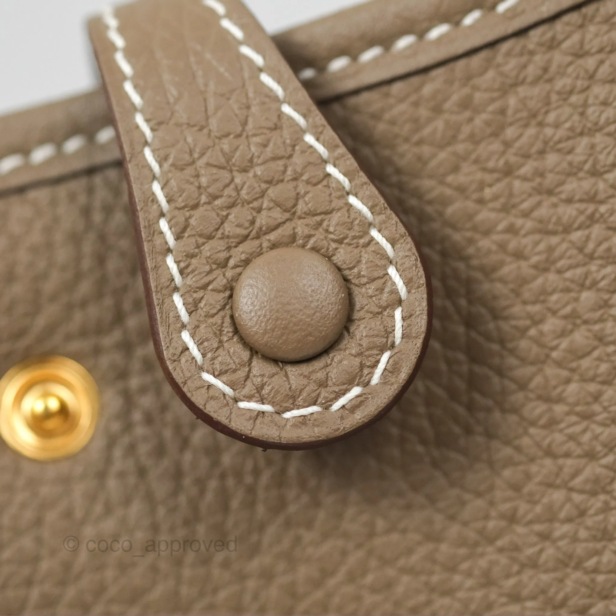 Herms Mini Evelyne Etoupe Clemence Gold Hardware with Bleu Indigo Strap
