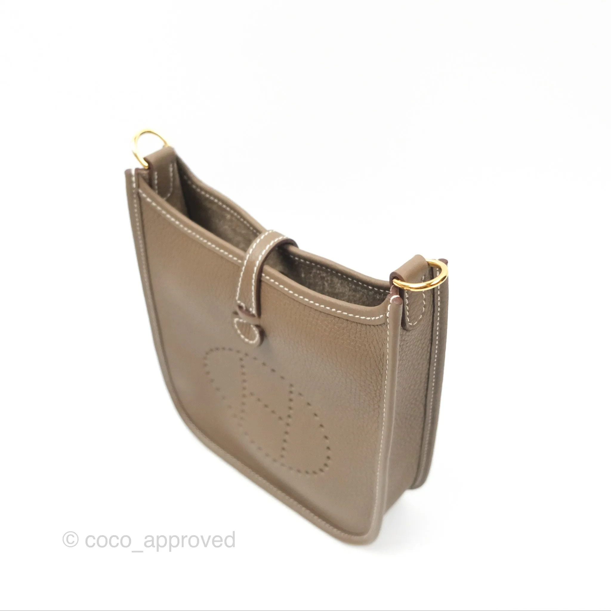 Herms Mini Evelyne Etoupe Clemence Gold Hardware with Bleu Indigo Strap