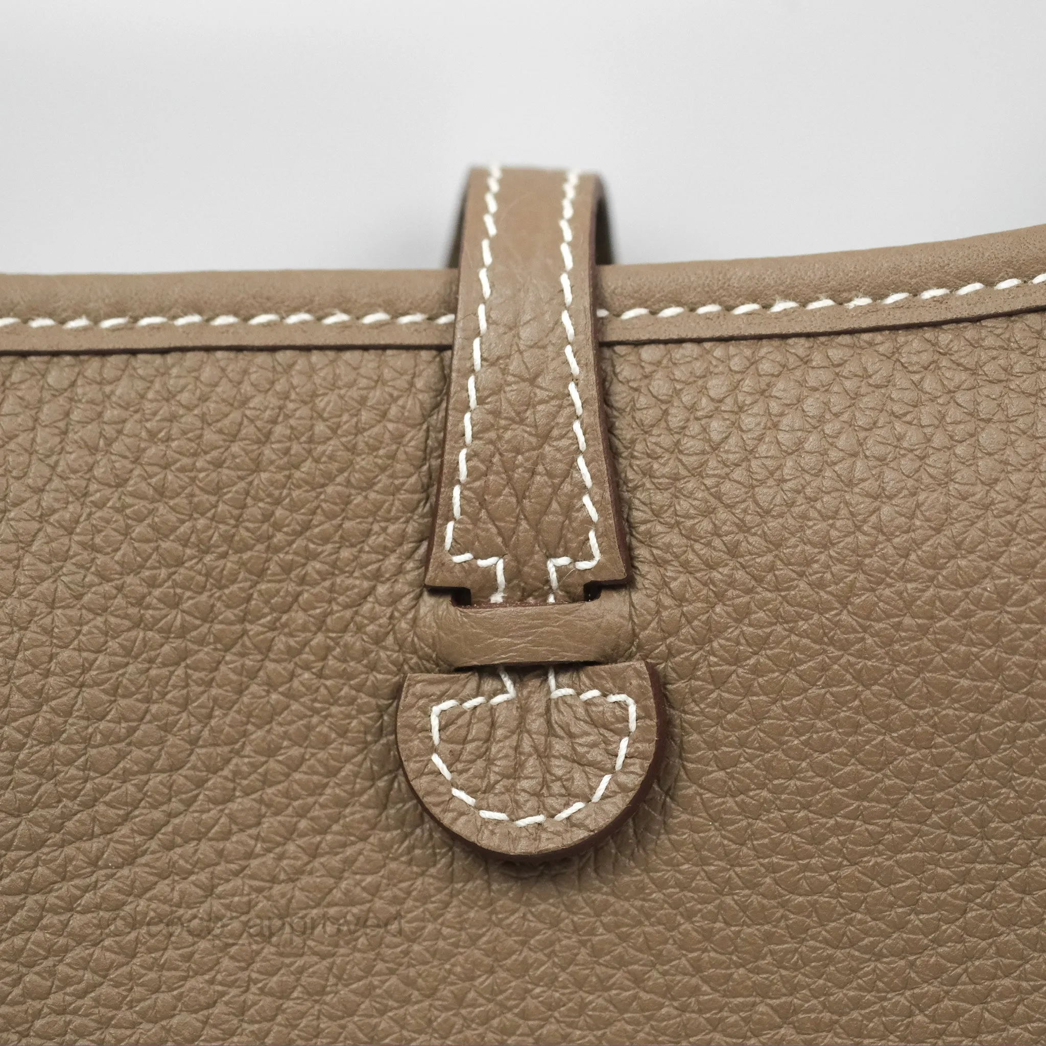 Herms Mini Evelyne Etoupe Clemence Gold Hardware with Bleu Indigo Strap