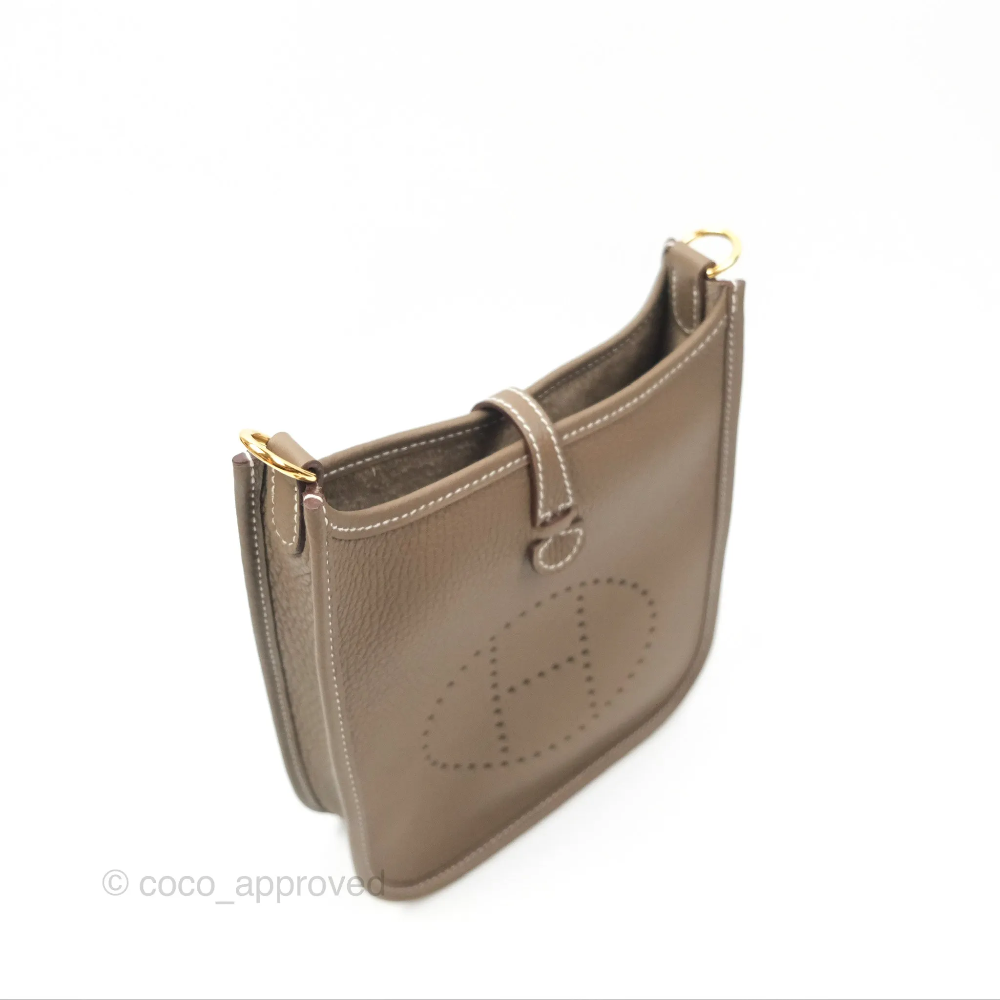 Herms Mini Evelyne Etoupe Clemence Gold Hardware with Bleu Indigo Strap