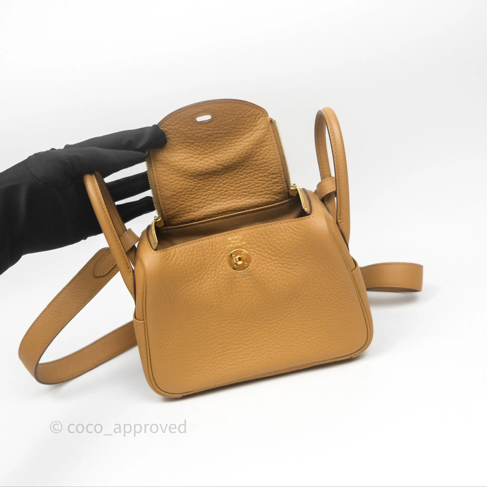 Herms Mini Lindy 20 Biscuit 4B Clemence Gold Hardware With Rodeo