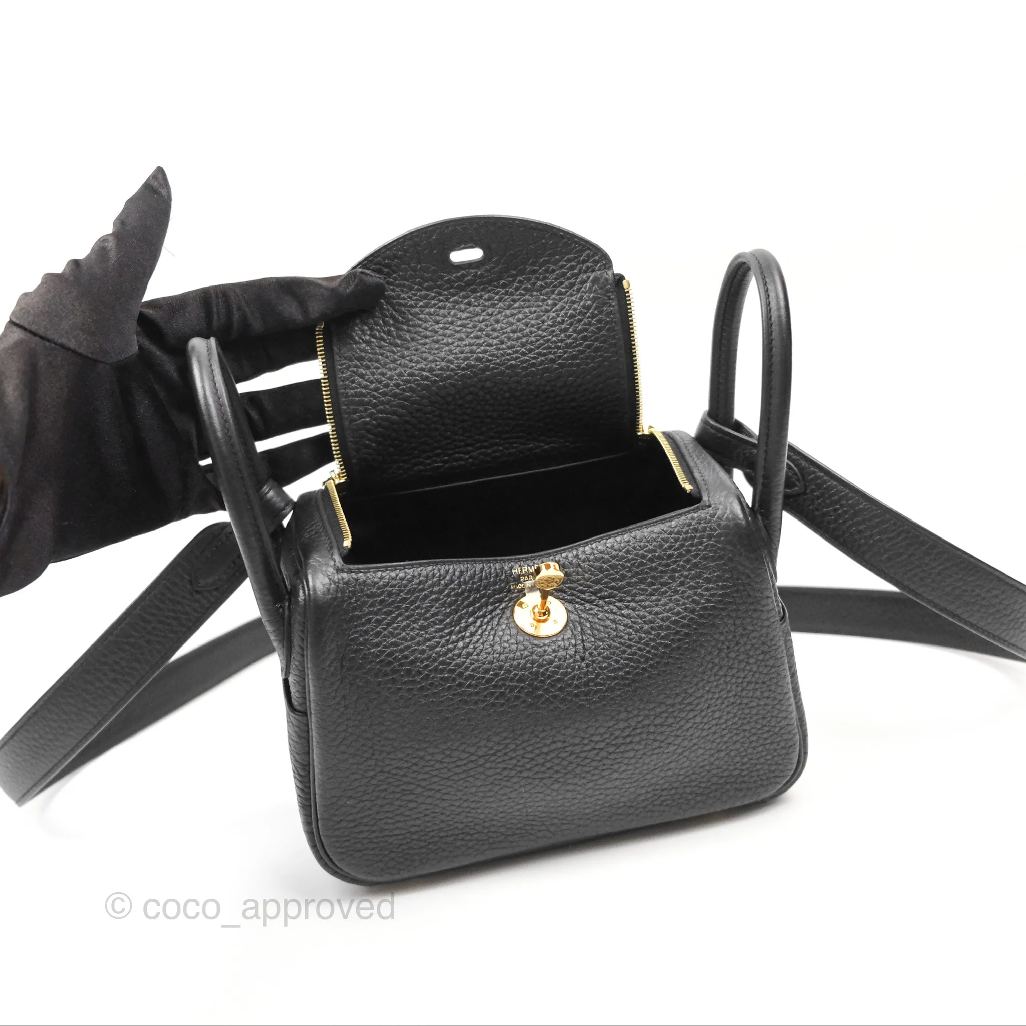 Herms Mini Lindy 20 Black Clemence Gold Hardware