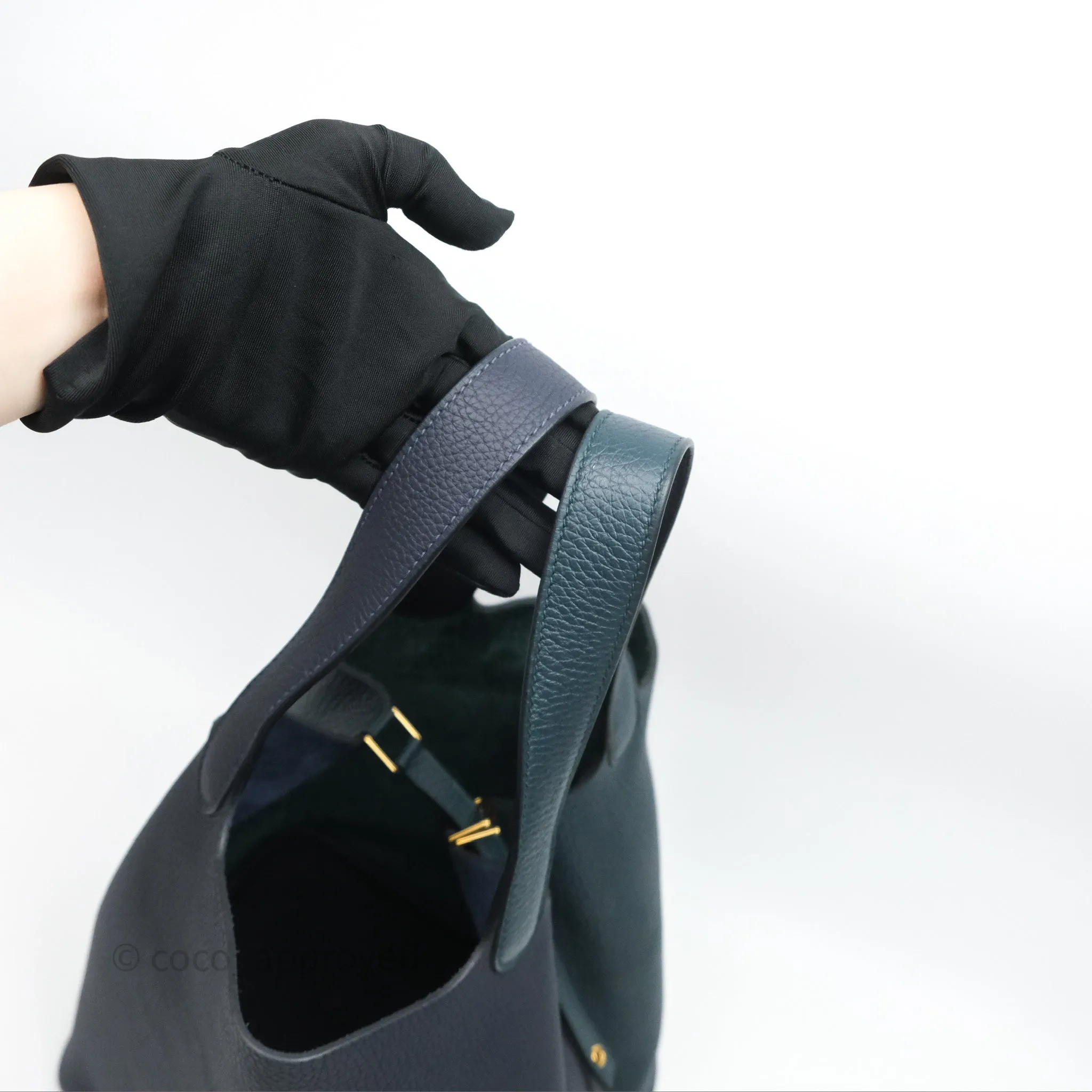 Herms Picotin Lock 22 Casaque Vert Cyprs 6O/ Bleu Nuit 2Z/ Black Noir 89 Clemence Gold Hardware