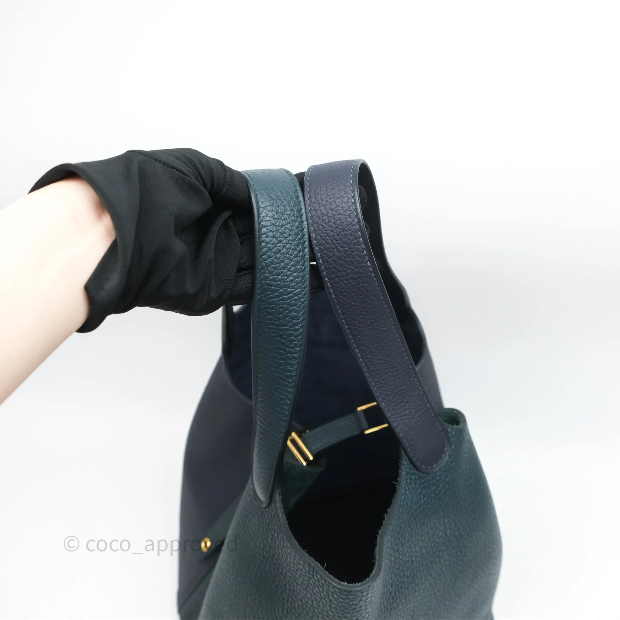 Herms Picotin Lock 22 Casaque Vert Cyprs 6O/ Bleu Nuit 2Z/ Black Noir 89 Clemence Gold Hardware