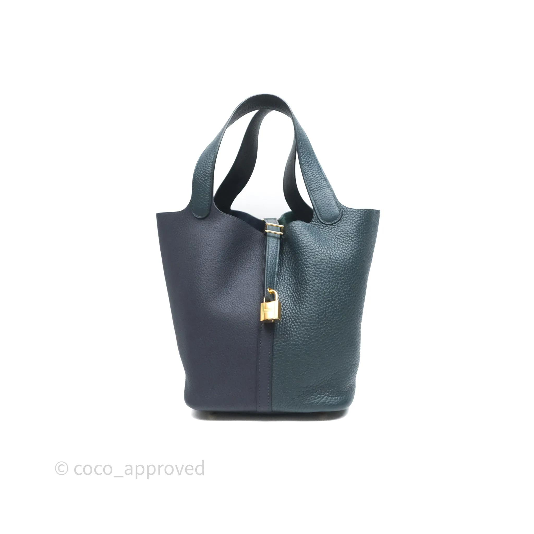 Herms Picotin Lock 22 Casaque Vert Cyprs 6O/ Bleu Nuit 2Z/ Black Noir 89 Clemence Gold Hardware