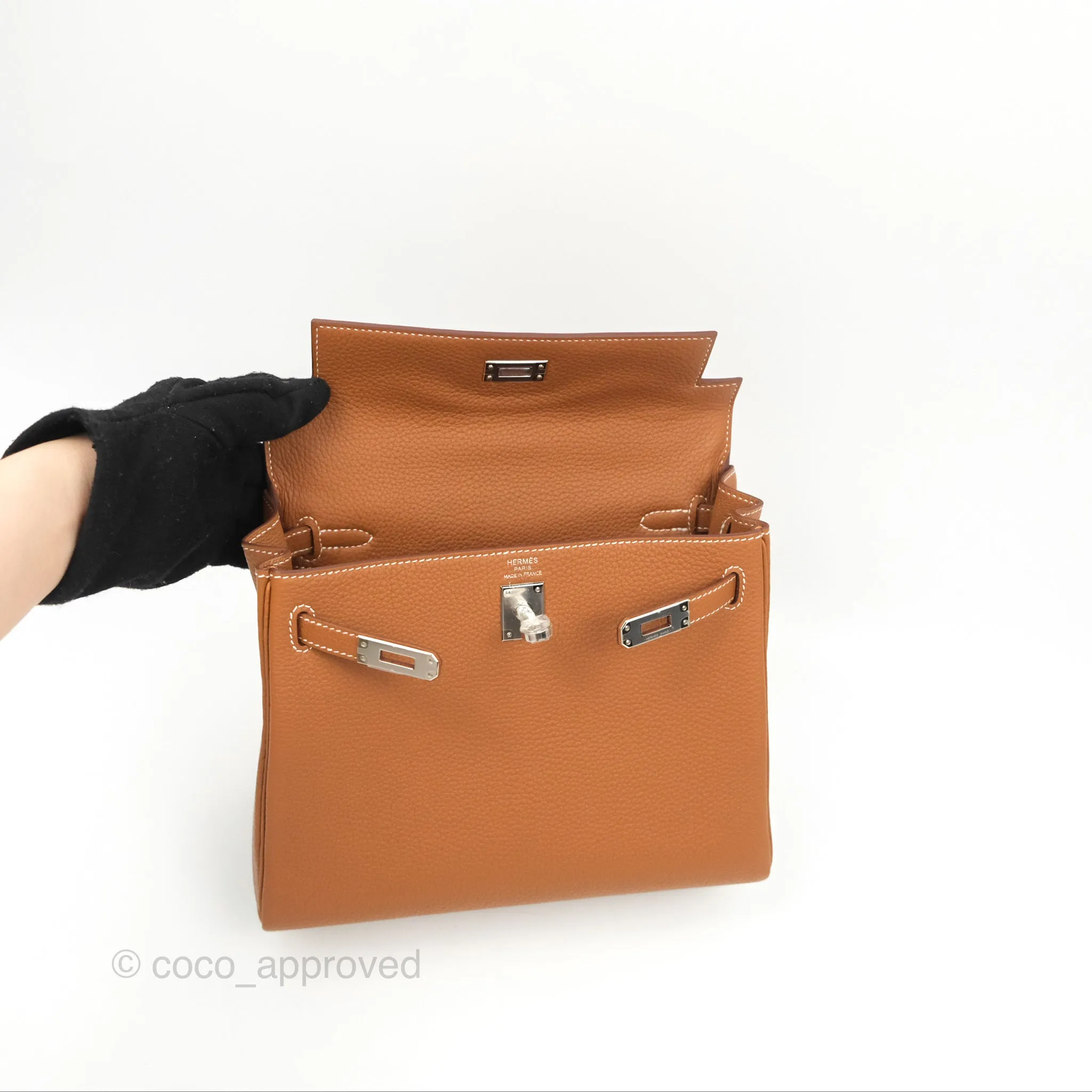 Herms Retourne Kelly 25 Gold Togo Palladium Hardware