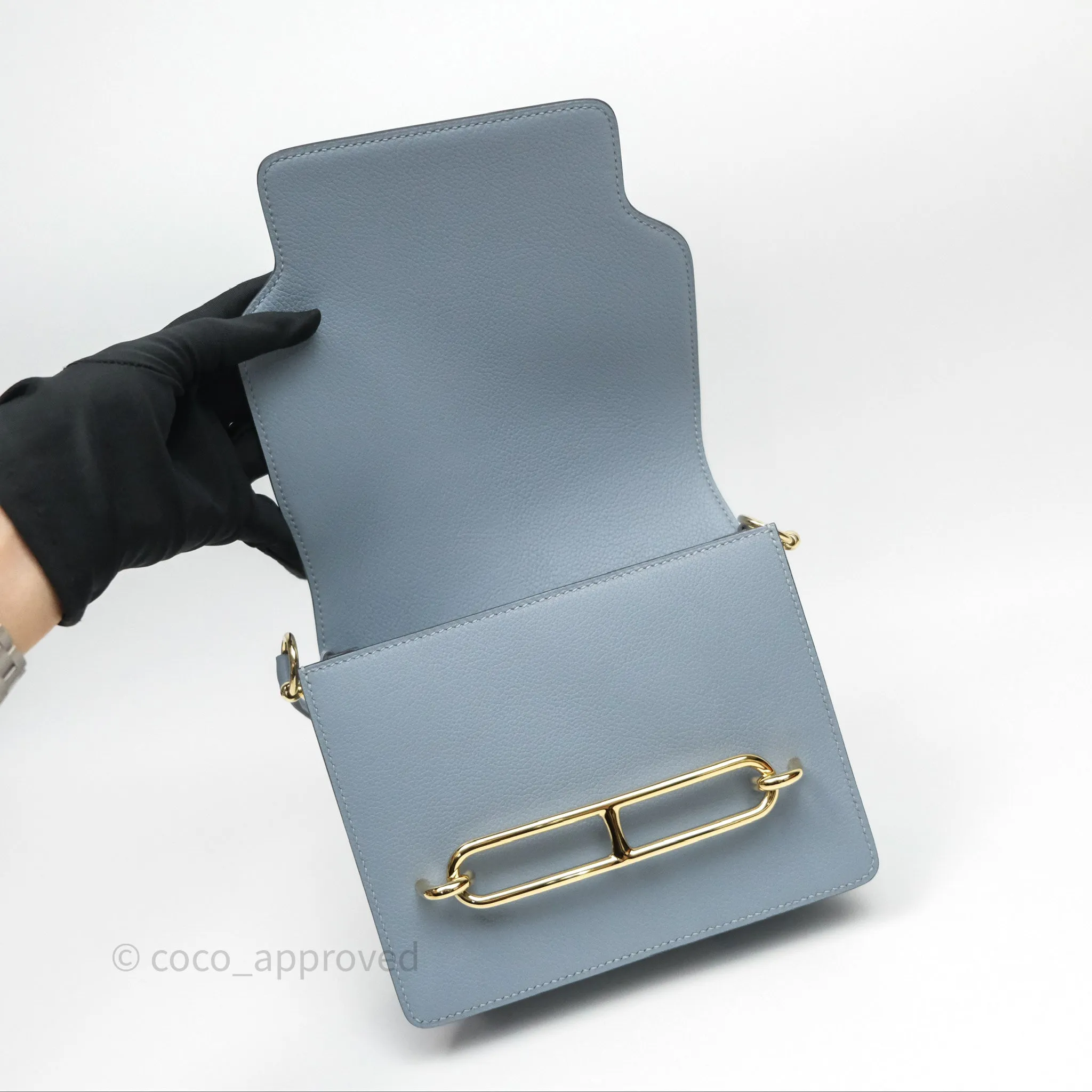 Herms Roulis Mini 18 Bleu Lin J7 Evercolour Gold Hardware