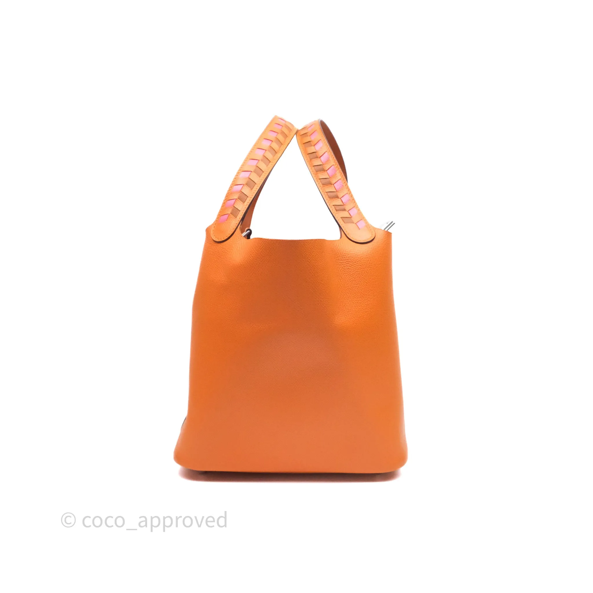Herms Tressage De Cuir Picotin Lock 22 Abricot I9/ Rose Azale 8W/ Gold 37 Epsom Palladium Hardware
