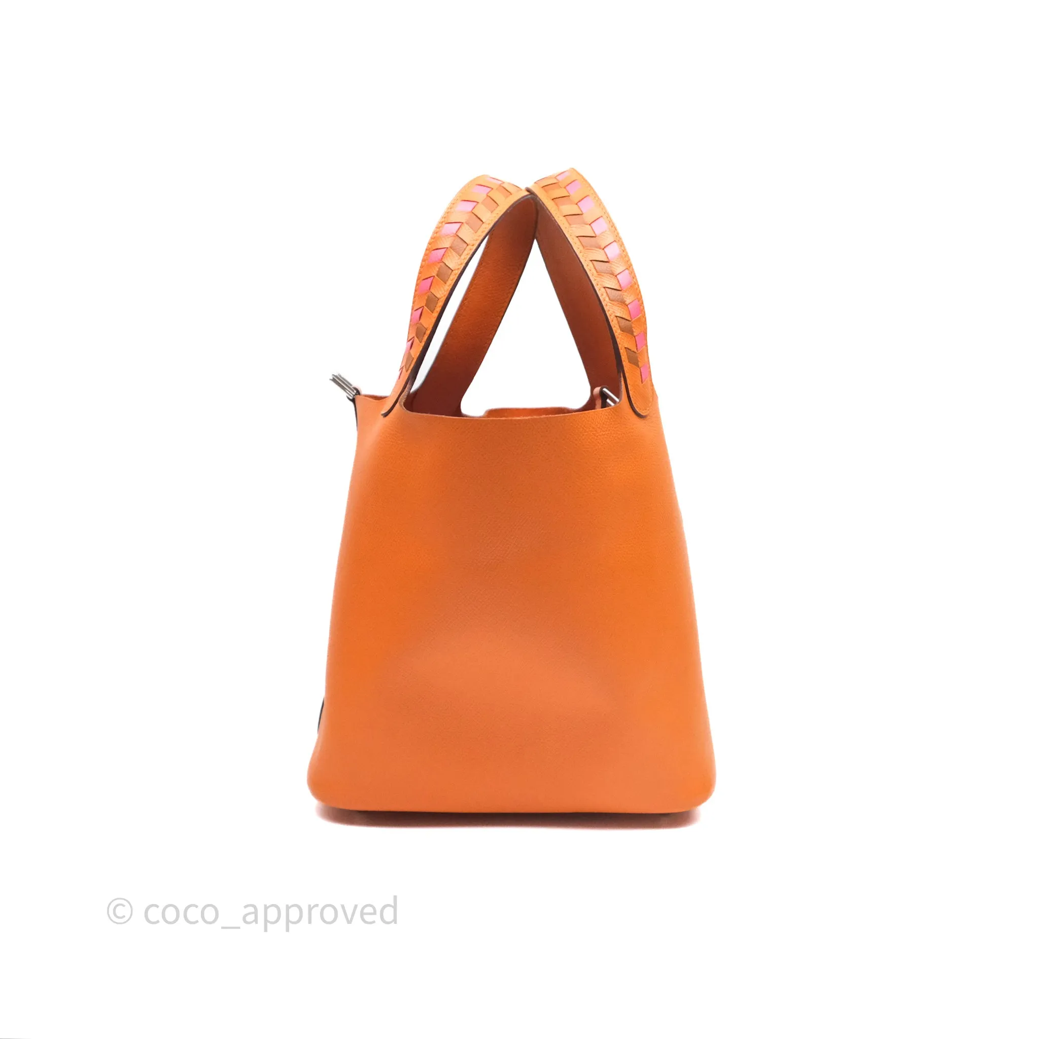 Herms Tressage De Cuir Picotin Lock 22 Abricot I9/ Rose Azale 8W/ Gold 37 Epsom Palladium Hardware