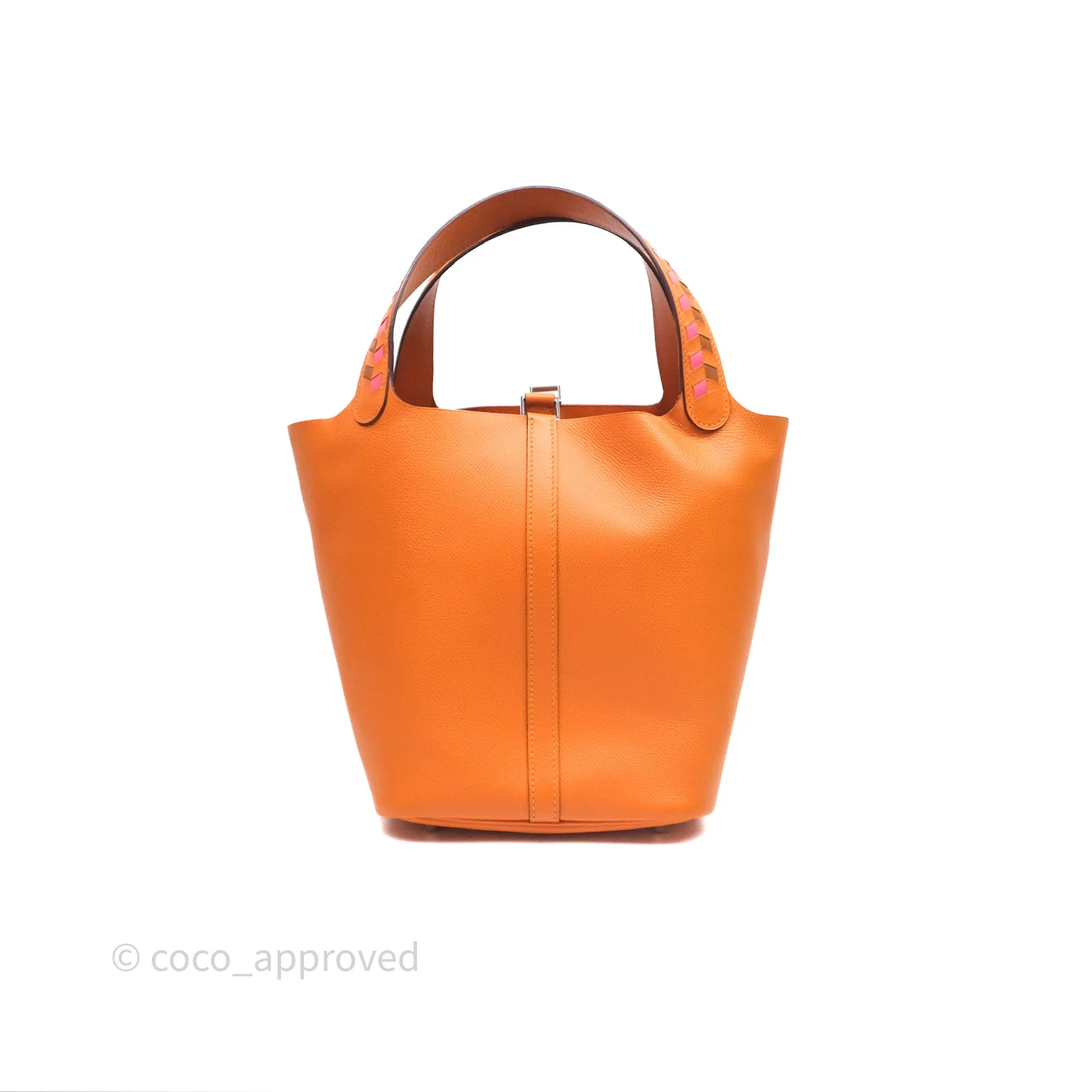 Herms Tressage De Cuir Picotin Lock 22 Abricot I9/ Rose Azale 8W/ Gold 37 Epsom Palladium Hardware