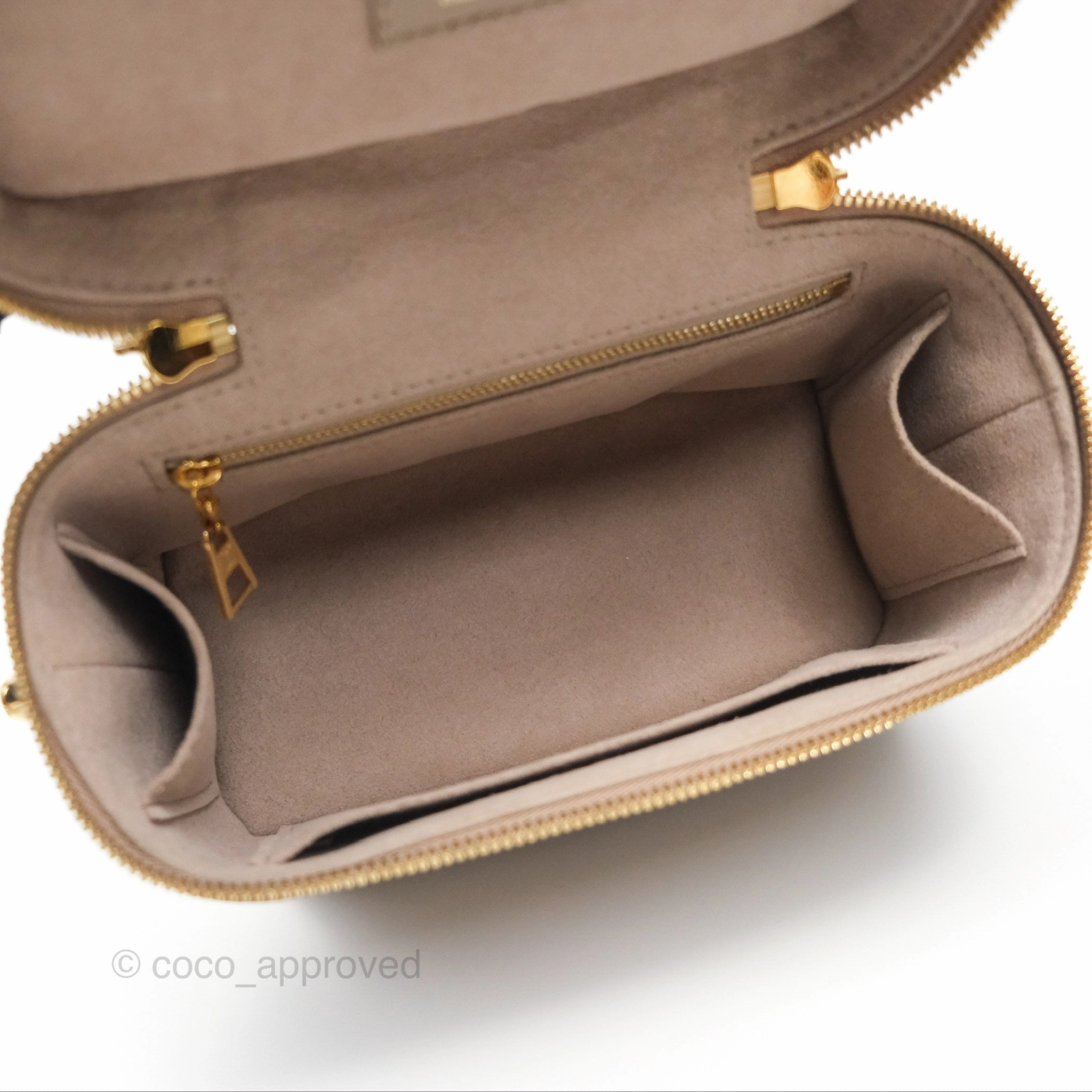 Louis Vuitton Monogram Empreinte Tourterelle Vanity PM Beige Gold Hardware
