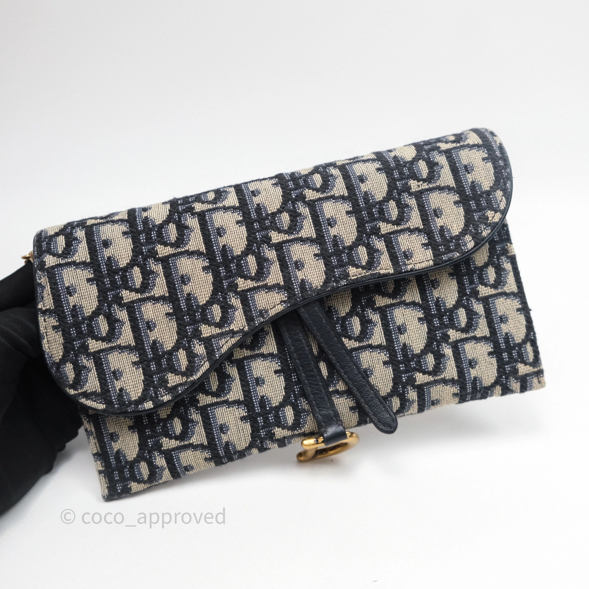 Small Saddle Pouch Wallet with Chain Blue Dior Oblique Jacquard